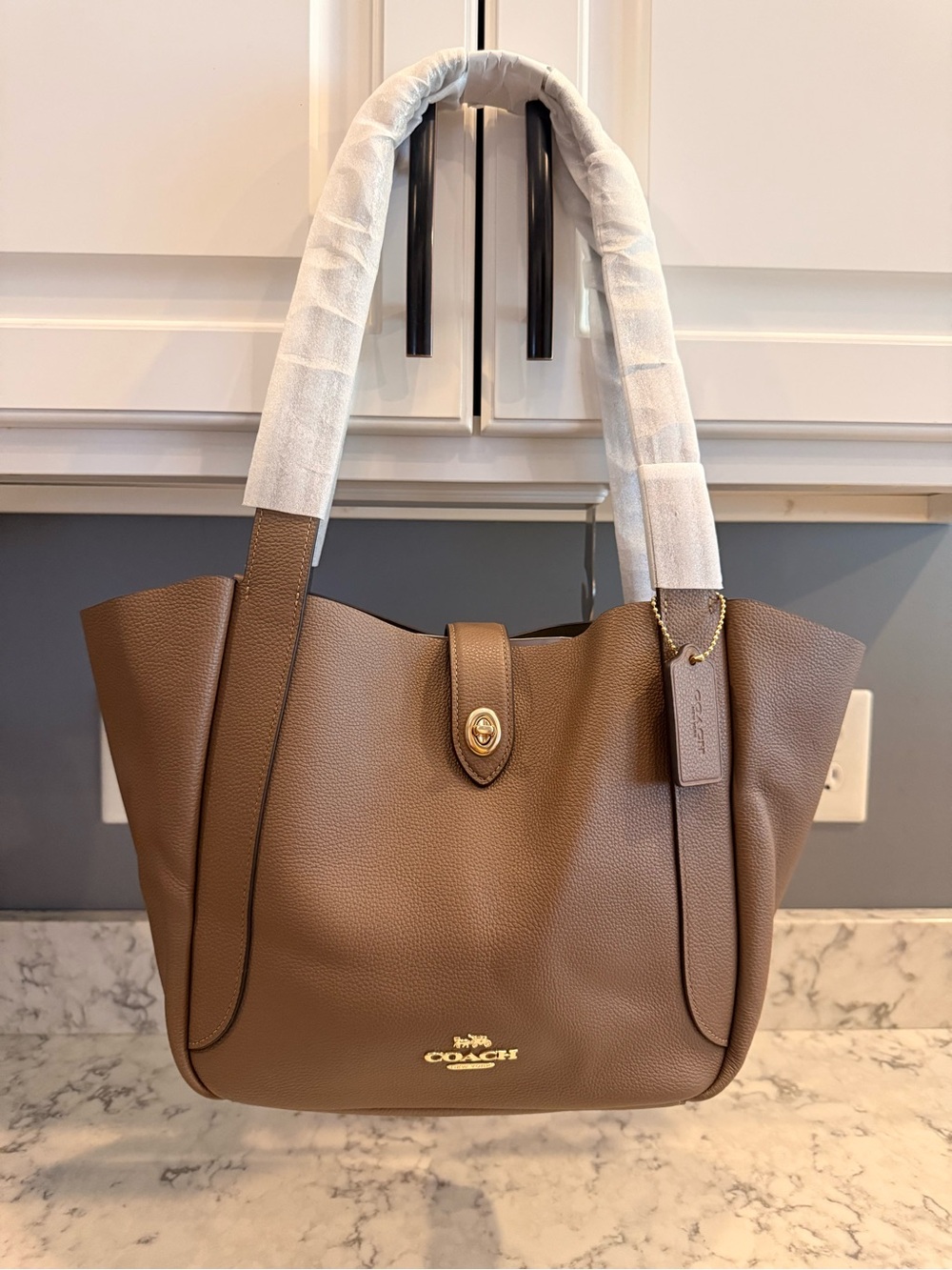 NWT Coach Hadley Turnlock Tote Dark Stone Pebbled Leather Gold Hardware